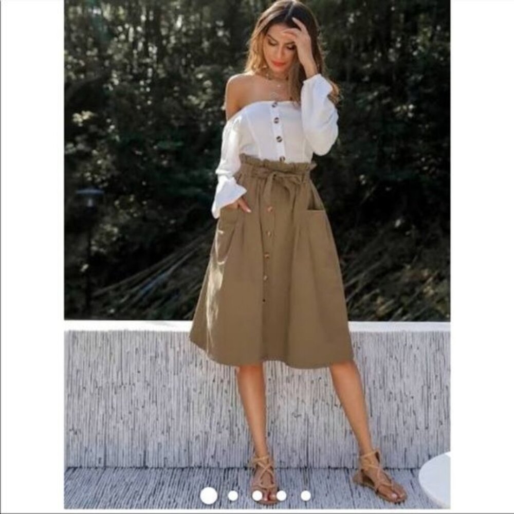 Sadie & Love Olive Green Paper Bag Waist Midi Skirt Pockets 100% Cotton Medium